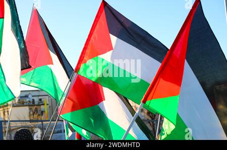 waving palestinian flags during the peaceful demonstration for peace Stock Photo