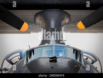 A PBY Catalina, also called the Consolidated Model 28, flying boat and one of the most widely used seaplanes of WWII at America's Airshow 2023 in Mira Stock Photo