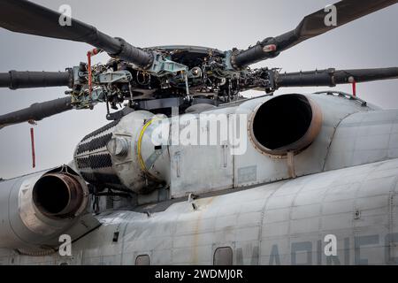 The rotor of a US Marince Corps CH-53 Sea Stallion helicopter on display America's Airshow 2023 in Miramar, California. Stock Photo