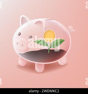 Sprout with coin inside a glass piggy bank: savings and return on investement concept Stock Vector