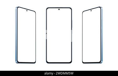 Blue, modern smartphone mockup with thin, round edges, displayed in three positions on a white background Stock Photo