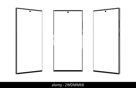 Three positions of a modern square shape smartphone with thin, sharp edges, isolated on white Stock Photo