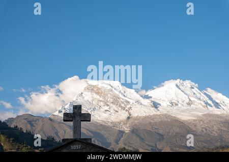 Snow-capped Huascaran mountain seen from the cemetery of the town called Yungay in Huaraz, Peru. Stock Photo