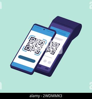 Smartphone scanning a QR code displayed on POS machine: QR code payment Stock Vector