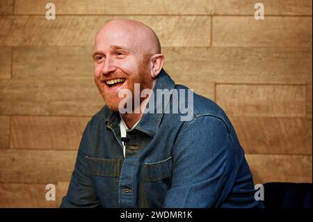 Glasgow, Scotland, UK. 21st Jan 2024. Scottish Comedian Ray Bradshaw hosts a gig at Van Winkles Comedy Club for bald gingers who look most like him as he continues his search to find his ultimate Doppelginger ahead of his UK tour kicking off on Sunday 25th February. Credit: Craig Brown/Alamy Live News Stock Photo