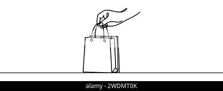 Continuous one line drawing of hand holding shopping bags. Simple paper bag line art vector illustration. Stock Vector