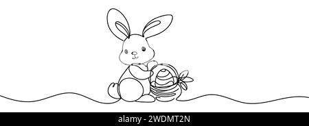 Easter bunny with colored eggs drawn in one line. Stock Vector
