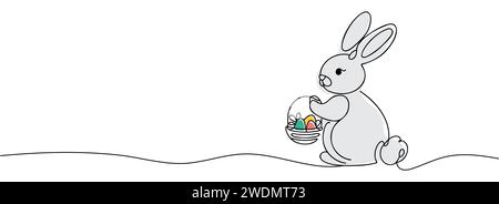 Easter bunny with colored eggs drawn in one line. Stock Vector