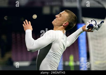 Salerno, Italy. 21st Jan, 2024. Albert Gudmundsson of Genoa CFC celebrates at the end of the Serie A football match between US Salernitana and Genoa CFC at Arechi stadium in Salerno (Italy), January 21st, 2024. Credit: Insidefoto di andrea staccioli/Alamy Live News Stock Photo