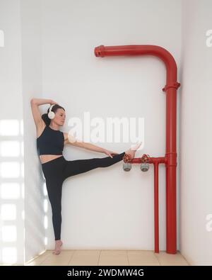 Sporty woman doing a leg stretch against red pipes of a fire hydrant Stock Photo