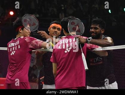 New Delhi, India. 21st Jan, 2024. NEW DELHI, INDIA - JANUARY 21: Reigning World Champions Kang Min Hyuk and Seo Seung Jae from Korea celebrates after winning the Men's Double Final against India's Satwiksairaj Ranireddy and Chirag Shetty in Yonex-Sunrise India Open 2024 at IGI Stadium, on January 21, 2024 in New Delhi, India. (Photo by Vipin Kumar/Hindustan Times/Sipa USA ) Credit: Sipa USA/Alamy Live News Stock Photo