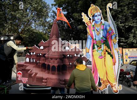 New Delhi, India. 21st Jan, 2024. NOIDA, INDIA - JANUARY 21: Member of Sanatan Dharam Mandir installing cutout of Ram Mandir for the worship of Lord Ram at Sector 19 Sanatan Dharam Mandir yesterday, on January 21, 2024 in Noida, India. (Photo by Sunil Ghosh/Hindustan Times/Sipa USA ) Credit: Sipa USA/Alamy Live News Stock Photo