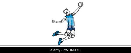One continuous line depicts a young professional male volleyball player in action serving the ball on the court Stock Vector