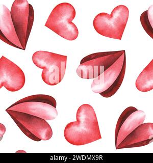 Watercolor red hearts seamless pattern isolated on white background. Hand drawn. Saint valentine's day concept. For fabric, textile, design, wrapping Stock Photo