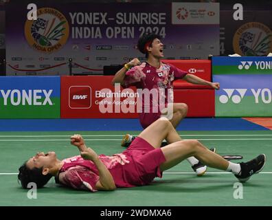 New Delhi, India. 21st Jan, 2024. NEW DELHI, INDIA - JANUARY 21: Reigning World Champions Kang Min Hyuk and Seo Seung Jae from Korea celebrates after winning the Men's Double Final against India's Satwiksairaj Ranireddy and Chirag Shetty in Yonex-Sunrise India Open 2024 at IGI Stadium, on January 21, 2024 in New Delhi, India. (Photo by Vipin Kumar/Hindustan Times/Sipa USA ) Credit: Sipa USA/Alamy Live News Stock Photo