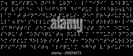 Seamless pattern with white round dots braille text on a black background. International code symbols of alphabet for the blind. Stock Vector