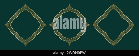 Gold geometric ornamental frame, round and square shapes Islamic window with girikh pattern, silhouette Arabic rhombus. Luxury set in oriental style Stock Vector
