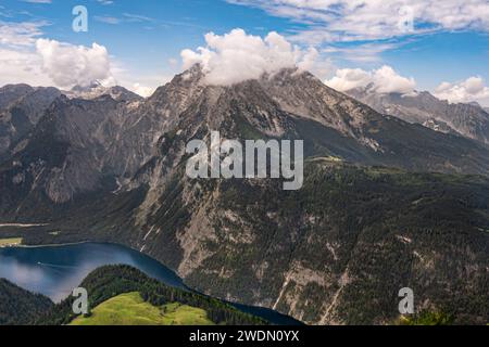 Bird's Eye View from the top of Mount Jenner (Altitude 1874 m). It is a famous mountain in the Berchtesgaden National Park in Bavarian Alps, Germany. Stock Photo