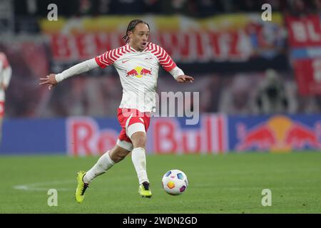 Xavi Quentin Shay Simons of RB Leipzig seen during Bundesliga 2023/24 football match between RB Leipzig and Bayer Leverkusen at Red Bul Arena Leipzig. Final score; RB Leipzig 2:3 Bayer Leverkusen. Stock Photo