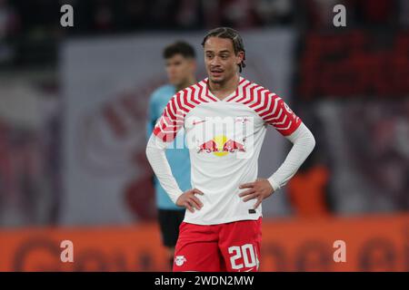 Xavi Quentin Shay Simons of RB Leipzig seen in action during Bundesliga 2023/24 football match between RB Leipzig and Bayer Leverkusen at Red Bul Arena Leipzig. Final score; RB Leipzig 2:3 Bayer Leverkusen. Stock Photo