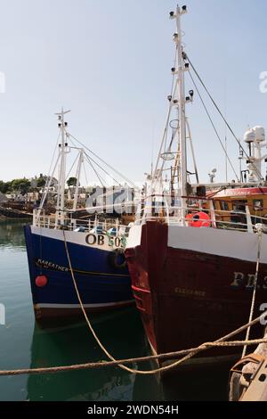 Fishing Trawlers 'Mareather' & 'Elegance' Berthed at the Quayside in the Port of Mallaig in Summer on the West Coast of Scotland Stock Photo