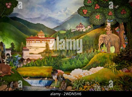 Paintings of rural scenes and the iconic Paro Dzong (fort) as a Welcome to the Kingdom of Bhutan display in the arrivals hall at Paro Airport, Bhutan Stock Photo