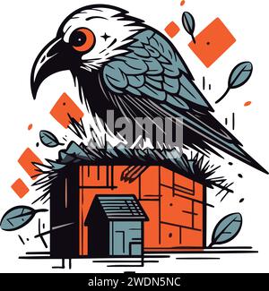 Crow sits on the roof of the house. Vector illustration. Stock Vector