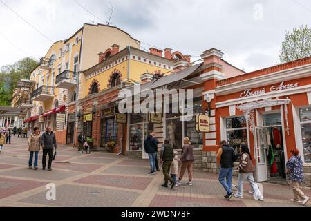 Kislovodsk, Russia - May 9, 2023: Karl Marx street view on a cloudy day. Ordinary people walk the street Stock Photo