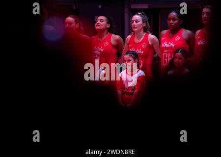 London, UK. 21st Jan, 2024. Amy Carter (C, WD England) singing the national anthem before the Vitality Netball Nations Cup game between Vitality Roses (England) and Diamonds (Australia) in London, England. (Pedro Porru/SPP) Credit: SPP Sport Press Photo. /Alamy Live News Stock Photo