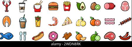 Vector food icons illustrations. Dairy, milk, seafood, meat, fruits, drinks. Stock Vector