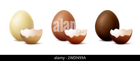 realistic vector icon illustration. Set of chocolate eggs, white, milk and dark chocolate. Stock Vector