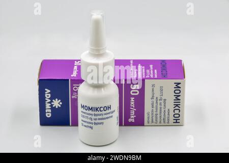 Kyiv, Ukraine - December 04, 2022: Studio shot of Momikson by Adamed mometasone furoate spray drug used to treat certain conditions, hay fever, and as Stock Photo