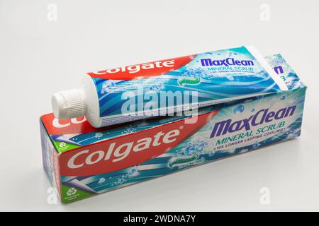 Kyiv, Ukraine - March 15, 2023: Colgate fluoride MaxClean mineral scrub toothpaste pack closeup. Colgate is a manufacturer of a wide range of toothpas Stock Photo