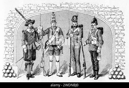 Engraving of British infantrymen, circa 1890 Stock Photo