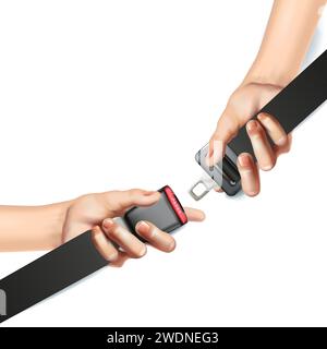 vector illustration. Horizontal orientation. Hands fastening seat belt. Warning driving banner on white background. Stock Vector
