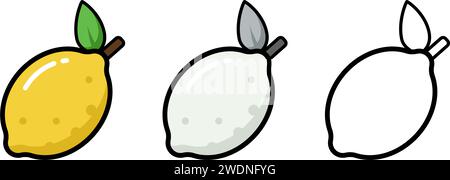 icon illustration. Colorful lemon collection in gray, black and color. Isolated on white background. Stock Vector
