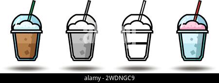 icon illustration. Colorful frappe coffee in gray, color and black and white. Isolated on white background. Stock Vector