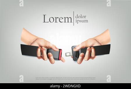 realistic vector illustration. Horizontal orientation. Hands fastening seat belt. Warning driving banner on gray background. Stock Vector
