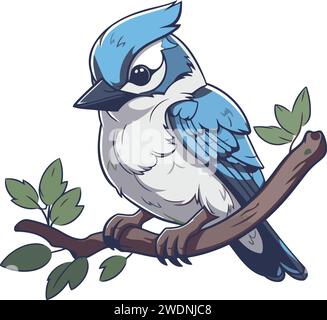 Cute cartoon blue jay bird sitting on a branch. Vector illustration. Stock Vector