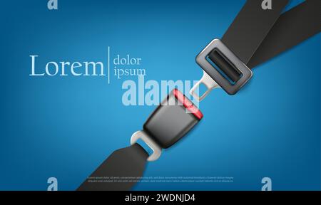 vector illustration. Safety driving concept. Fasten passenger seat belt. Warning banner with belt on a blue background. Horizontal orientation. Stock Vector