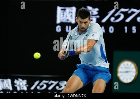 Novak Djokovic (SRB)  in action during their round four singles match against Adrian Mannarino (FRA)  on day eight of the 2024 Australian Open at Melbourne Park on  January 21, 2024 in Melbourne, Australia. Stock Photo