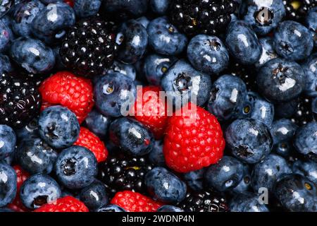 Mix of wild forest berry fruits. Blueberry, raspberry, blackberry. Healthy fresh berries background. Berries as background. Summer berries pattern. To Stock Photo