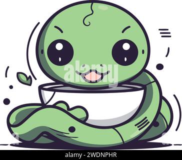 Cute cartoon snake with a bowl of soup. Vector illustration. Stock Vector