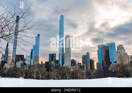 Winter view on Manhattan cityscape buildings at scenic sunset from Central Park New York Stock Photo