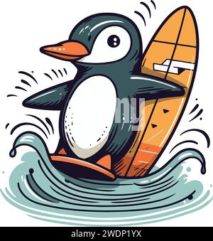 Penguin with surfboard. Vector illustration in cartoon style. Stock Vector