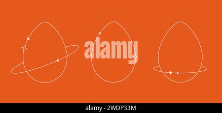 Line Easter eggs in Y2k minimalistic style. Egg shape vector frames with sparkles. Stock Vector