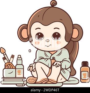 Cute little baby girl in bathrobe with cosmetics. Vector illustration. Stock Vector