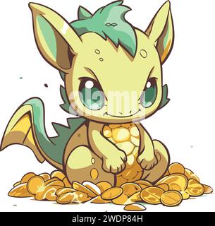 Cute cartoon dragon sitting on a pile of coins. Vector illustration. Stock Vector