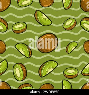 Kiwi Fruit Seamless Pattern in Cartoon Style. Perfect For Background, Backdrop, Wallpaper and Cover Packaging. Vector Illustration. Stock Vector
