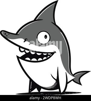 Cartoon happy shark isolated on white background. Vector illustration in black and white colors. Stock Vector